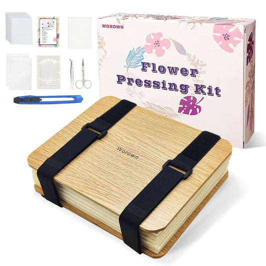 Worown Flower Press Set Pro (16x21cm) • 6 layers flower press made of natural wood • With instructions & gift box • For DIY crafting (Brown)