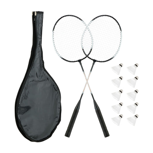 Relaxdays Badminton set with bag, 2 rackets, 10 shuttlecocks, shuttlecock game for children & adults, black/white