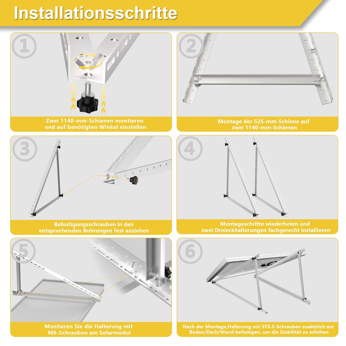 2 sets GLIESE balcony solar mounting brackets 114 cm, aluminum solar module mounting, solar panel mounting, PV module mounting, suitable for flat roofs, balconies, walls, etc.