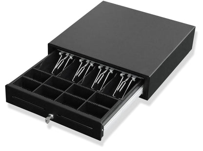 Cash drawer QUORION 410F for PC/POS cash systems & receipt printers with 9 12 or 24 V connection RJ11 with 8 coin and 4 bill compartments, 2 keys, robust original equipment manufacturer quality.