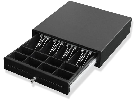 Cash drawer QUORION 410F for PC/POS cash systems & receipt printers with 9 12 or 24 V connection RJ11 with 8 coin and 4 bill compartments, 2 keys, robust original equipment manufacturer quality.