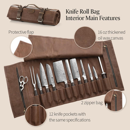 XINZUO knife bag, chef knife case, 12 slots, 16oz waxed canvas and Crazy Horse leather, can hold kitchen tools, portable knife tool bag roll bag (bag only)