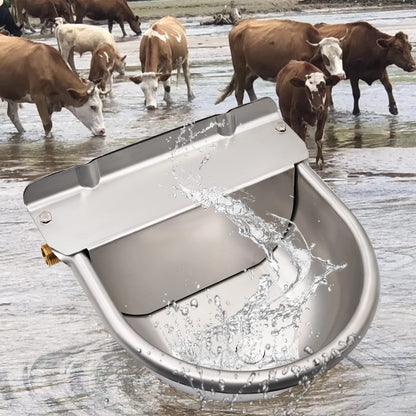 Automatic drinker basin made of stainless steel with 1/2 inch adjustable brass float valve and drainage holes for horses, cows, pigs, goats, sheep, and dog drinkers.
