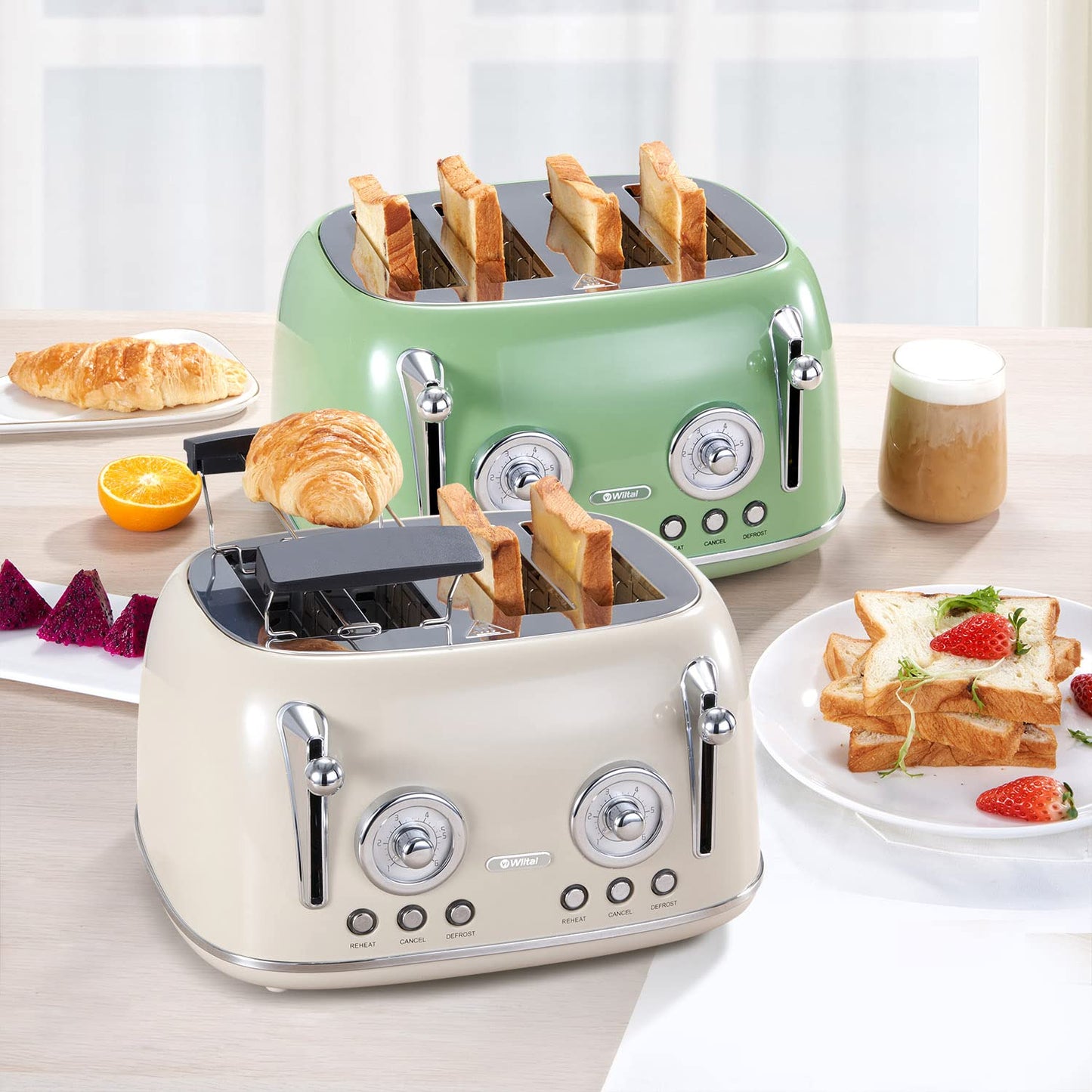 Wiltal 4-Slice Toaster, Long Slot Toaster, Stainless Steel Housing, with Built-in Bun Warmer, With Cover, Browning Control 1-6, Defrost Function, Crumb Tray, Retro Toaster, Cream White.
