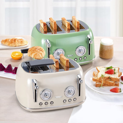 Wiltal 4-Slice Toaster, Long Slot Toaster, Stainless Steel Housing, with Built-in Bun Warmer, With Cover, Browning Control 1-6, Defrost Function, Crumb Tray, Retro Toaster, Cream White.