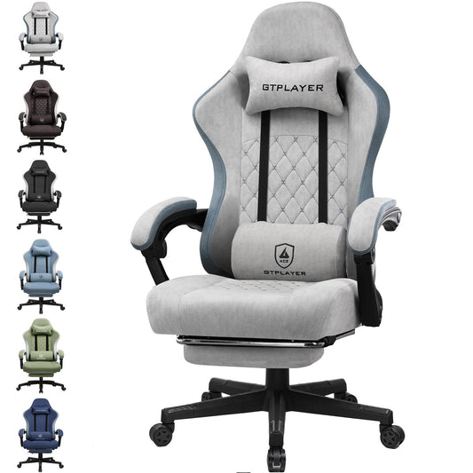 GTPLAYER Gaming Chair Ergonomic Gaming Armchair Desk Chair with Fabric Surface, Spring Seat Cushion, Adjustable Armrests and Footrest Gray