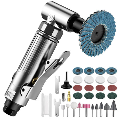 EYPINS Air Sander Set, Pneumatic Die Grinder Air Grinder 90° angled Angle Grinder 90psi(6.2Bar) with 50mm corundum disc, 50mm sanding disc, air valve, wool wheel sanding disc, polishing head