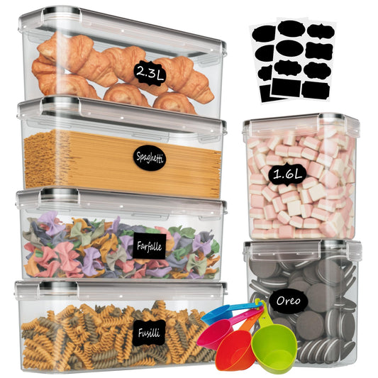 Without Set of 6 airtight storage containers, kitchen storage box with plastic lids, 2.3L spaghetti storage pasta container for noodles cereal cornflakes (2.3L 1.6L)