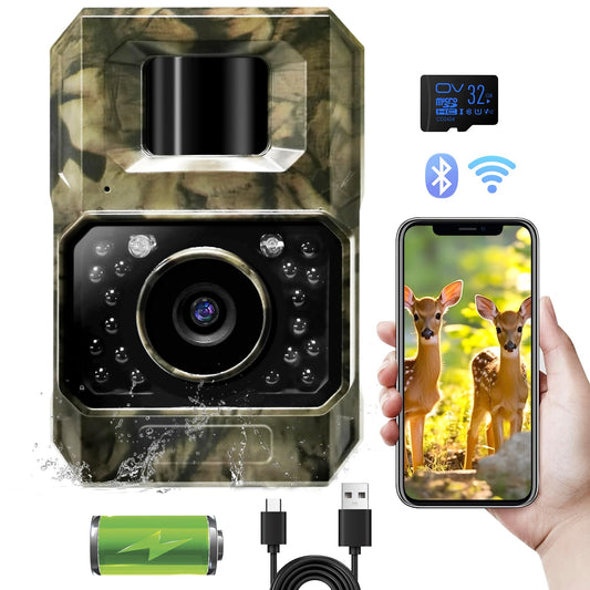 MAXDONE wildlife camera with motion sensor night vision Bluetooth - WiFi with mobile transfer app Rechargeable 2000mAh battery, low glow 48MP screenless night vision device 0.1s hunting camera