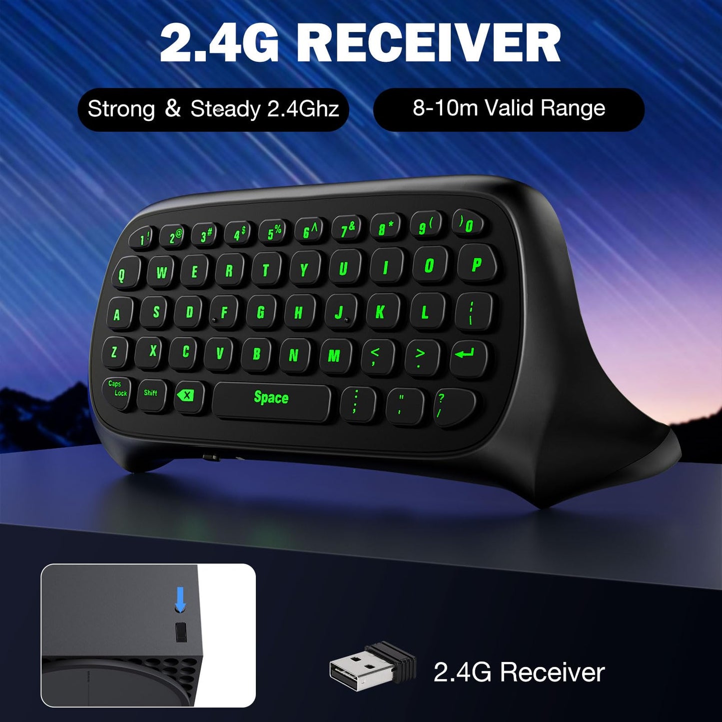 MoKo Xbox Mini Keyboard, 2.4G Receiver Wireless Chatpad Game Keyboard with Headset Green Backlight Audio Jack, Compatible with Xbox One S/One Elite/Series X/Series S, Anthracite Black