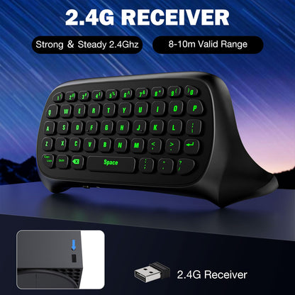 MoKo Xbox Mini Keyboard, 2.4G Receiver Wireless Chatpad Game Keyboard with Headset Green Backlight Audio Jack, Compatible with Xbox One S/One Elite/Series X/Series S, Anthracite Black