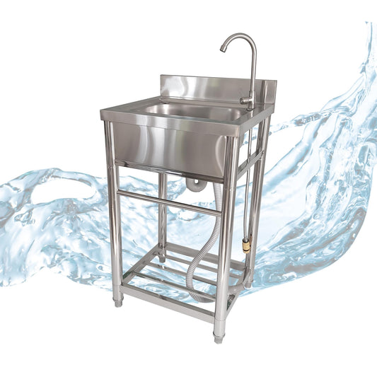 Lemodo freestanding sink - stainless steel sink with faucet, garden hose connection, mobile sink for outdoor kitchen, catering and camping, freestanding kitchen sink with shelf