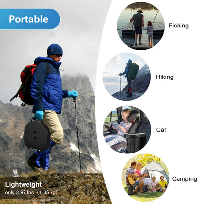 Upgraded camping toilet foldable with spring, includes lid and 10 trash bags. Ideal for camping, hiking, fishing, and parties. Supports up to 180kg.