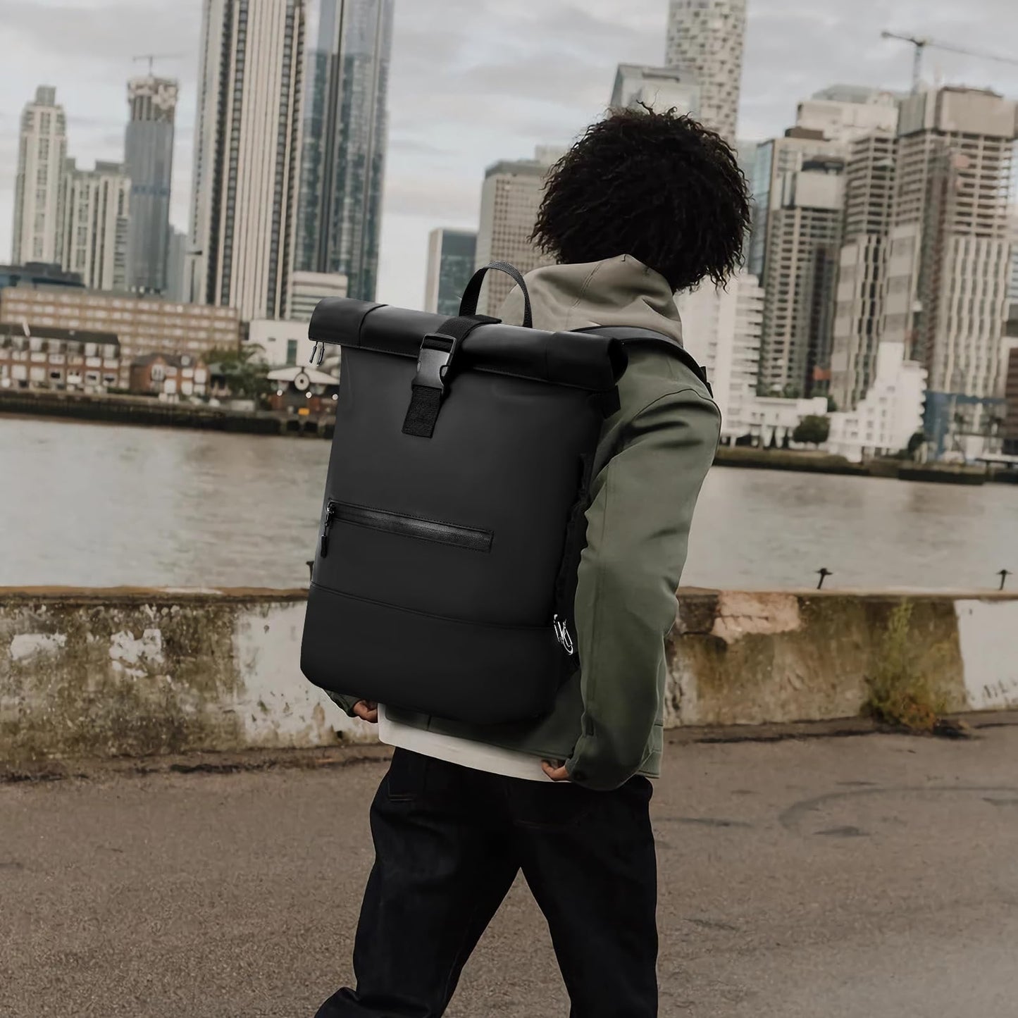 Travel Reisa Rolltop Backpack Men Women Waterproof Large Laptop Backpack Travel Backpack with Multifunctional Climbing Buckle for Travel, Work, College School (Black-1) (Black, L)