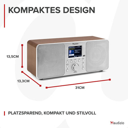 Audizio Genoa DAB radio with Bluetooth - stereo DAB Plus radio with remote control, 60 memory slots, auto scan, line-out, USB, ideal for home and on the go, easy operation - silver.