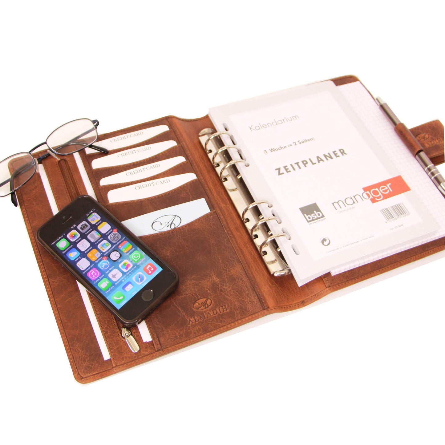 ALMADIH Leather A5 Planner with Ring Mechanism Calendar 2025 2026 Writing Pad Premium Cowhide Brown Deluxe Leather Folder Folder Writing Portfolio Organizer Appointment Calendar Folder Ring Binder (A5-Ter-BD)
