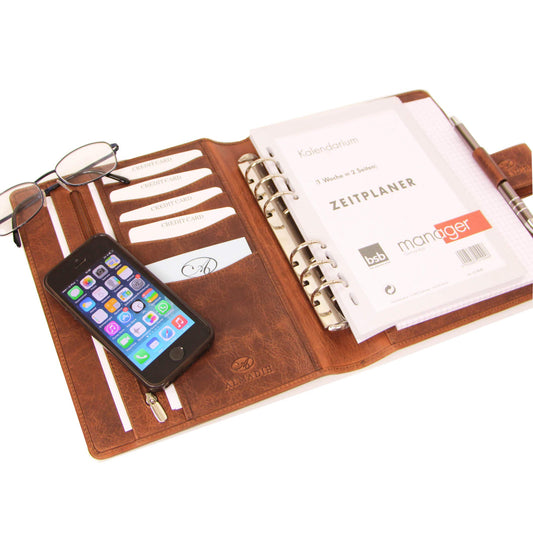 ALMADIH Leather A5 Planner with Ring Mechanism Calendar 2025 2026 Writing Pad Premium Cowhide Brown Deluxe Leather Folder Folder Writing Portfolio Organizer Appointment Calendar Folder Ring Binder (A5-Ter-BD)