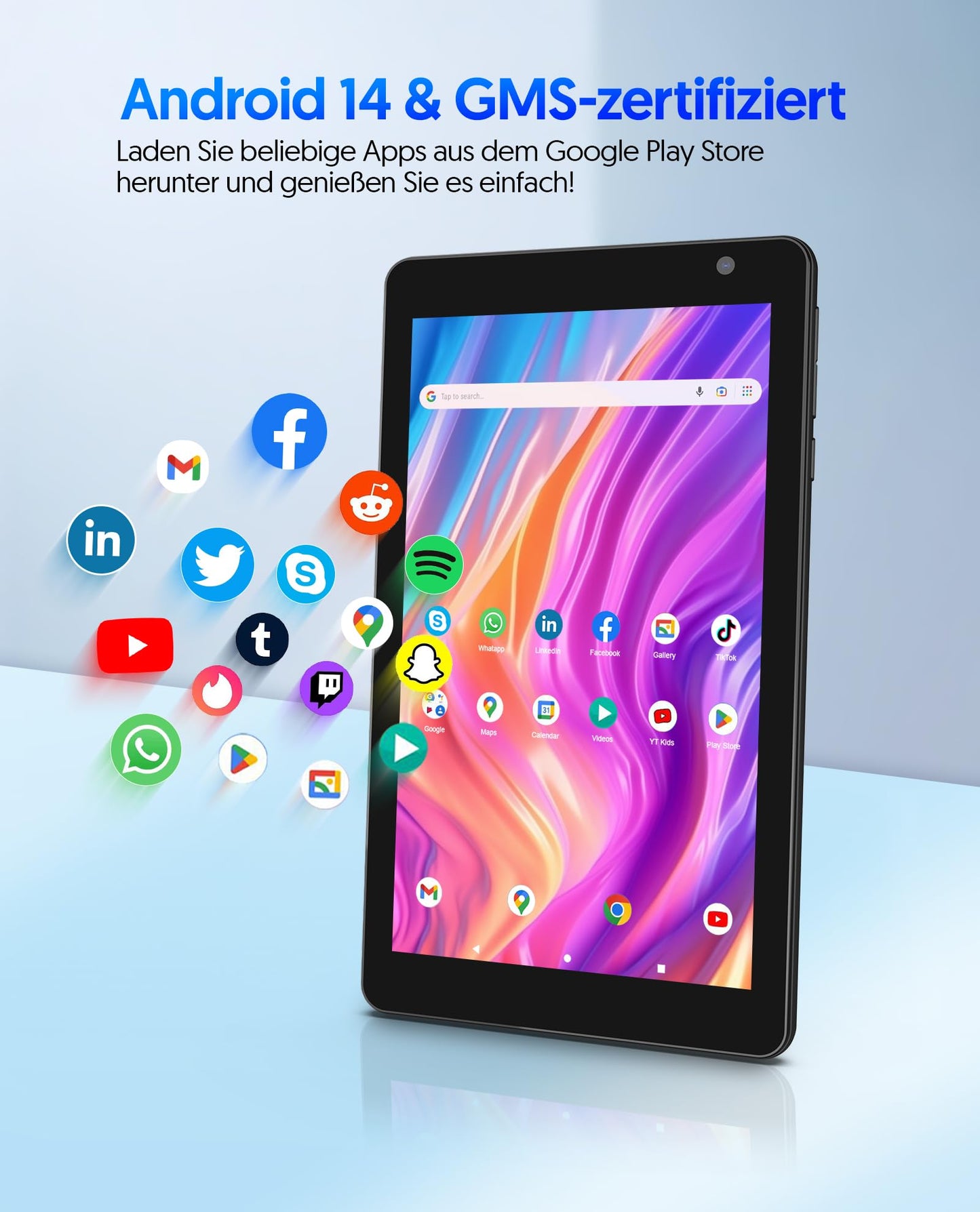 7-inch BAKEN tablet, Android 14 tablet with 8GB RAM+64GB ROM, 1TB expansion, Octa-Core processor tablet PC, 600 x 1024 IPS HD screen, 3500mAh battery, dual camera, WiFi (Black).