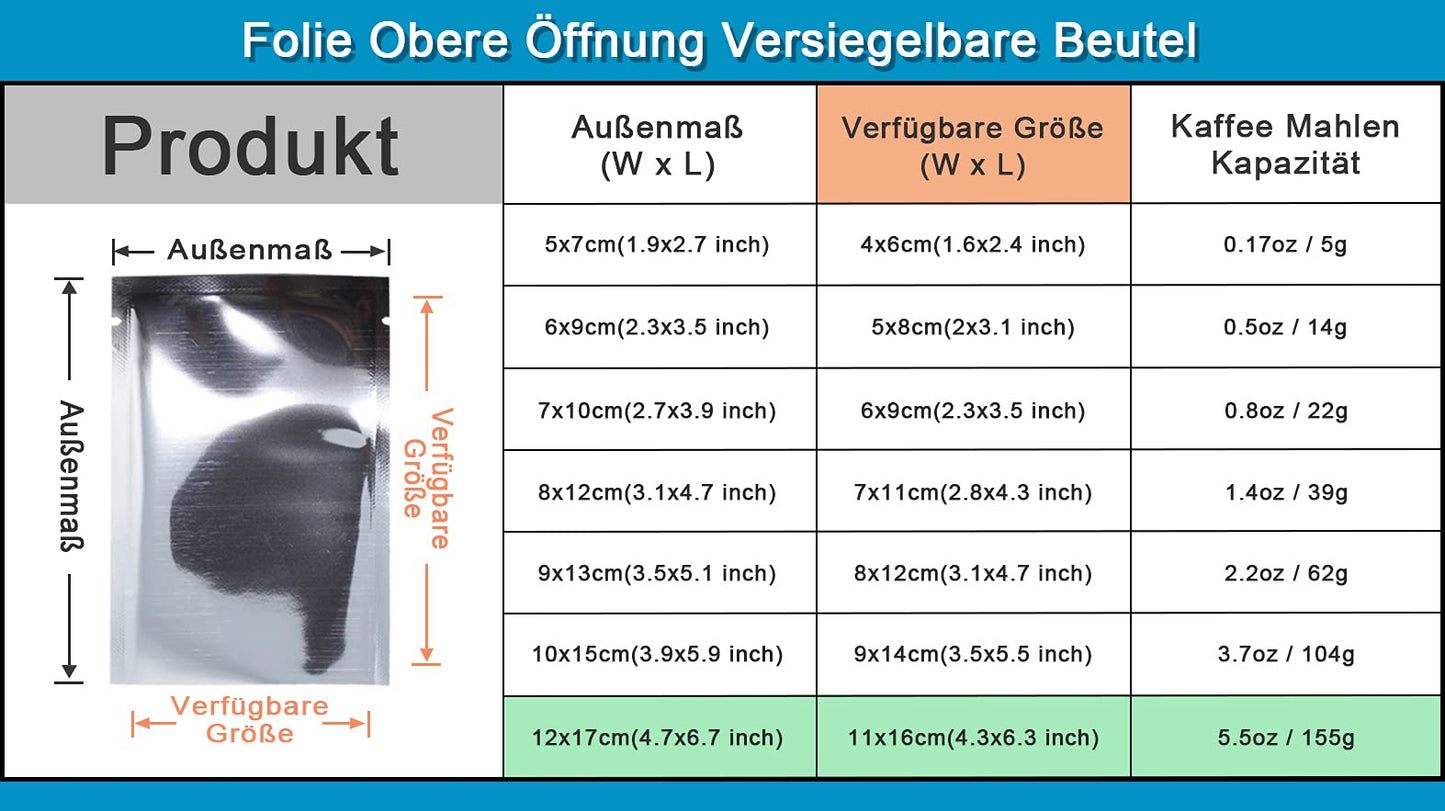 WACCOMT Pack 200 Pieces Colorful Mylar Foil Top Open Sealable Bags Vacuum Heat Seal Bags for Food Packaging with Tear Notches (Silver, 12x17cm (4.7x6.7 inch))