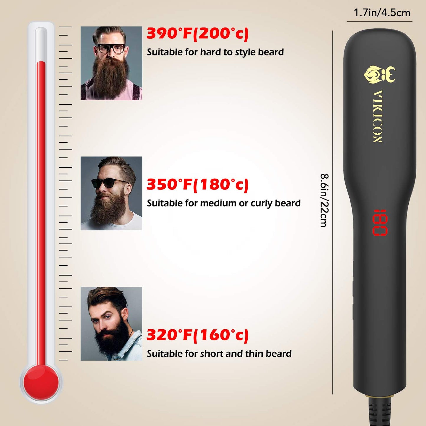 Men's beard straightener, Electric beard straightening comb, Ceramic and Ionic heated hair straightening brush, LED display with adjustable temperature, Dual voltage for travel and home.