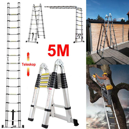 5M telescopic ladder Aluminum ladder Extendable folding ladder 2.5M + 2.5M Telescopic ladder with stabilizer, High multi-purpose ladder, 150 kg capacity