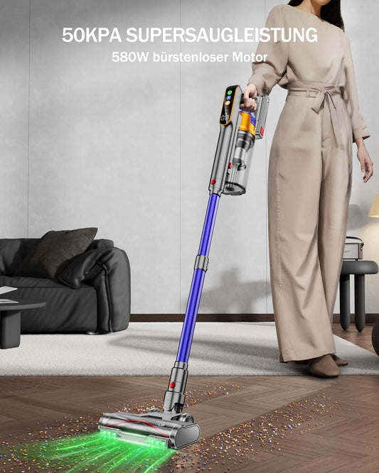 AOLOKO Cordless Vacuum Cleaner, 50000Pa/580W/70Mins Runtime with 1.8L Large Dustbin, Wall-mounted Charging Dock, 8-stage Filtration System, Green Light for Hard Floors Carpets Pet Hair
