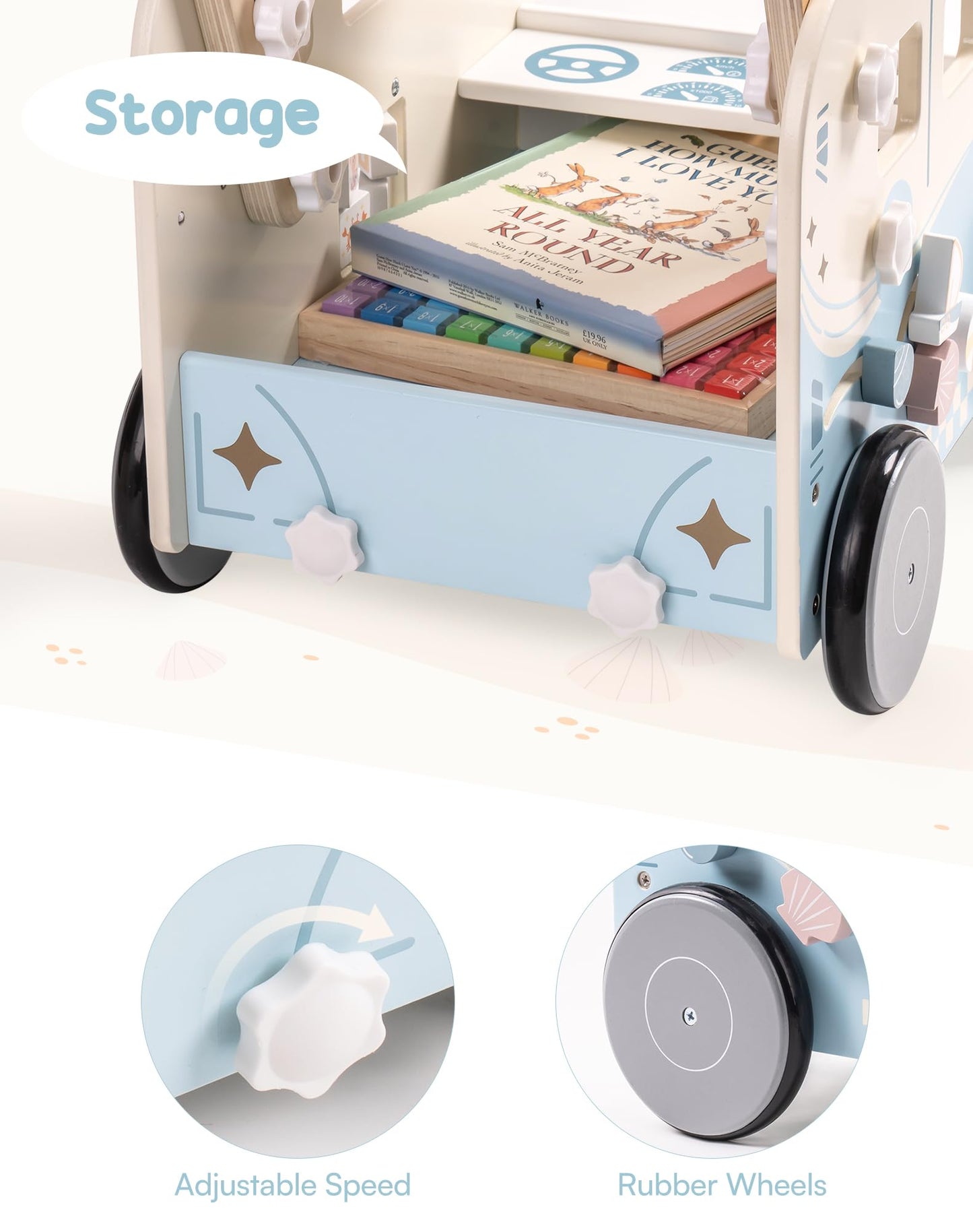 ROBUD wooden baby walker, multifunctional with wheels and building block toys, activity center set. Perfect gift for toddlers aged 10 months to 1-2 years.