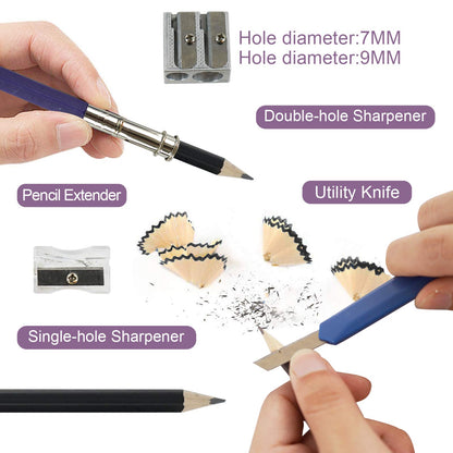 Palette Art Supplies 34-piece sketching pencils and drawing set in a carry bag - Includes pencils, charcoal pencils, erasers, and more accessories.