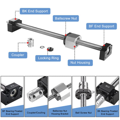 CNCMAN's ball screw SFU1605 1000mm stainless steel Rolled ball screw with BK12/BF12 end support, coupling, and DSG16H nut housing CNC parts for machinery and automated equipment.
