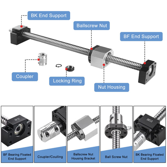 CNCMAN's ball screw SFU1605 1000mm stainless steel Rolled ball screw with BK12/BF12 end support, coupling, and DSG16H nut housing CNC parts for machinery and automated equipment.