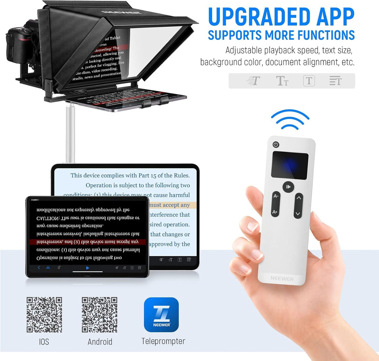 NEEWER X12 Teleprompter made of aluminum alloy with RT-110 remote control and app control, compatible with iPad, iOS/Android tablet, smartphone, DSLR camera, complete metal construction with carrying case.