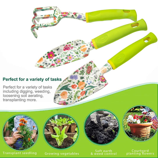 STANEW Garden Tools Set, High Performance Aluminum Gardening Supplies, Outdoor Gardening Gear for Women with Flower Print, 5 PCS including Trowel, Hand Rake, Transplanter, Gloves, Apron