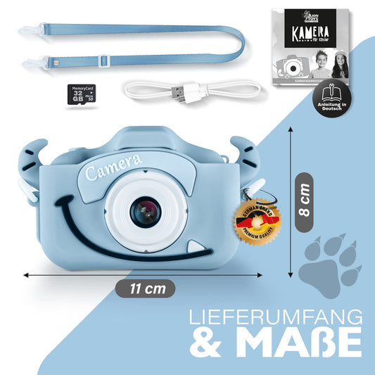 Lion Toys Kids Camera Blue | Photo camera with 32GB memory card, silicone protective case & fun effects | 18 megapixels | rechargeable | Easy operation for ages 3-12.