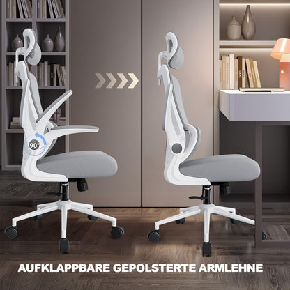 BASETBL Ergonomic office chair with lumbar support and headrest, ergonomic desk chair with folding armrests, swivel chair, PC chair with height adjustment and rocking function, Gray