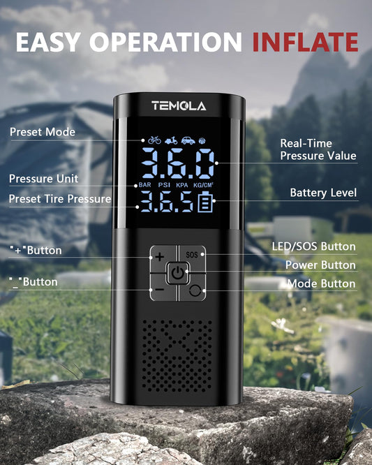 TEMOLA TN10 Electric air pump, Portable battery compressor with pressure gauge 150PSI, Electric air pump DC12V, Bike pump electric with auto-stop for cars, bikes, motorcycles, & balls.