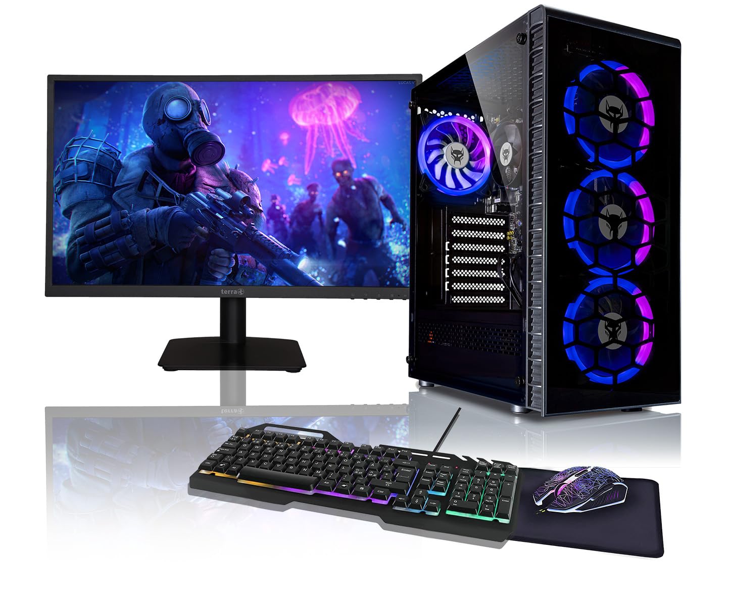 BEASTCOM Q3 Essential Gaming PC Set with AMD Ryzen 3 4X 4.00GHz, 4K Vega 6-Core Graphics, 16GB RAM, 256GB SSD + 1TB, 24" LED Monitor + Keyboard + Mouse + Mousepad, HDMI, WLAN, Windows 11 Pro