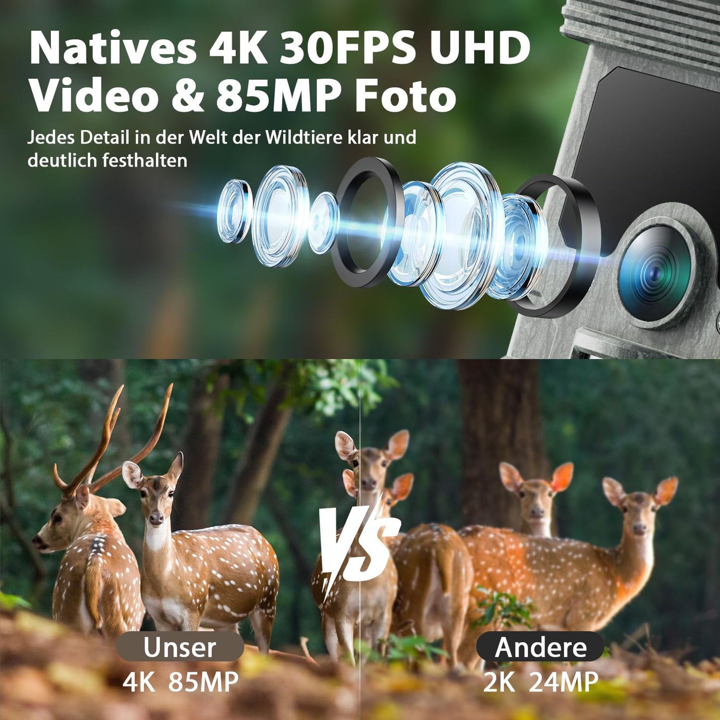 VOOPEAK Wildlife Camera Solar WiFi 4K 30fps 85MP, wildlife camera with mobile transfer APP, game camera with motion detector night vision 120° wide angle IP66 waterproof with 32GB Micro SD card