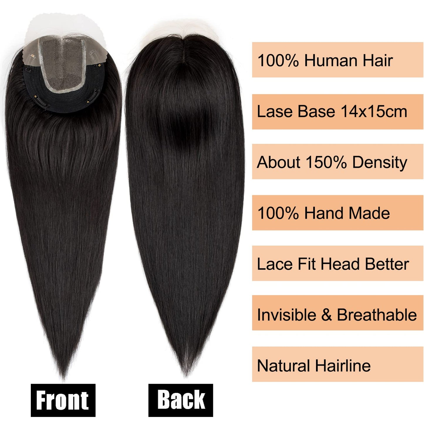 Origin Real Hair Topper For Women Thinning Hair 150% Density Clip in Topper Real Hair Extensions 14x15cm Mono Base Handmade Toupee with Lace Front 30cm-70g #1B Natural Black