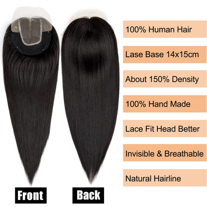 Origin Real Hair Topper For Women Thinning Hair 150% Density Clip in Topper Real Hair Extensions 14x15cm Mono Base Handmade Toupee with Lace Front 30cm-70g #1B Natural Black