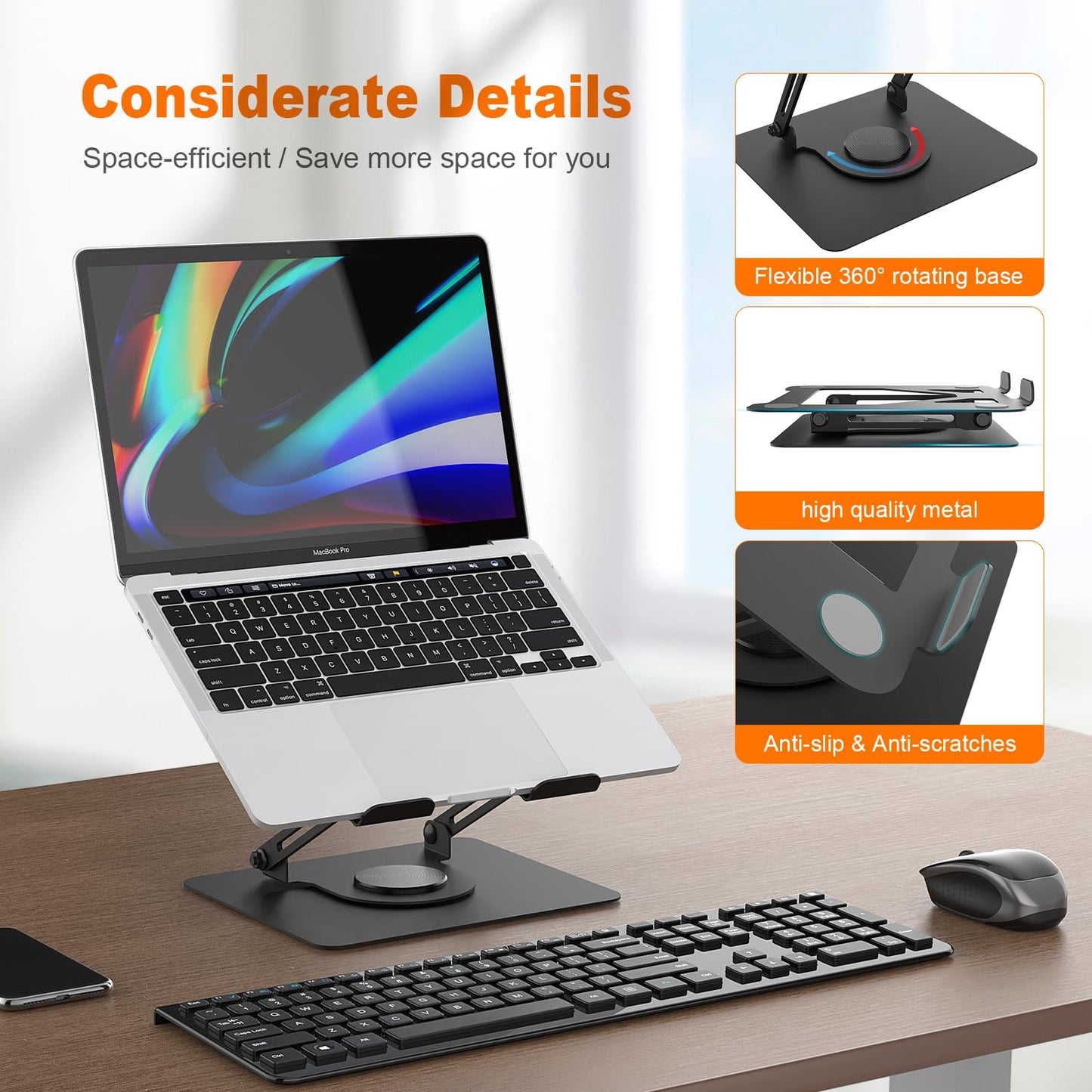 GRIFEMA Laptop Stand Adjustable Height, GB1050 Foldable Laptop Stand with 360° Rotating Base, Ergonomic & Ventilated - Compatible with MacBook Air/Pro, Dell, and 11-17 inch Notebooks - Black