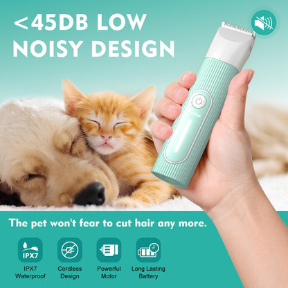 4 in 1 Quiet Dog Clipper for Poodles: IPX7 Waterproof Small Dog Hair Clipper with 4 Sizes Trimmer Head, Rechargeable Paw Clipper for Cats, Eyes (Blue)