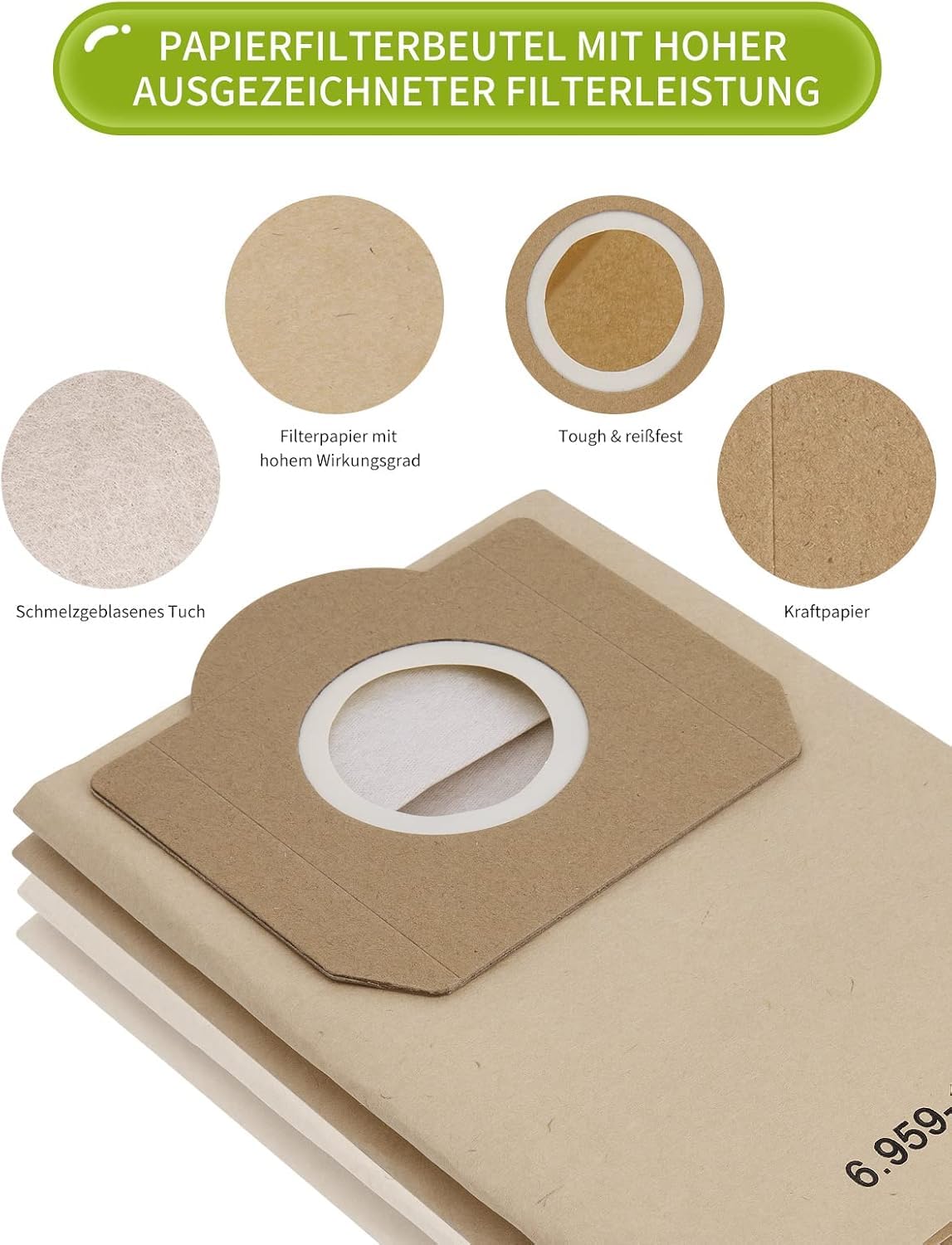 15 pieces of vacuum cleaner bags for Kärcher 6.959-130.0 paper filter bags, filter bags for WD3 1629 MV3 A2201/2204/2504/2554/2251/2604 vacuum cleaner bags filter bags paper bags