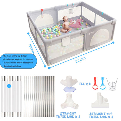 EAQ Baby Playpen 150x180cm Play Yard Safety Playground with super soft, breathable mesh, Children's Fence for Infants Toddlers