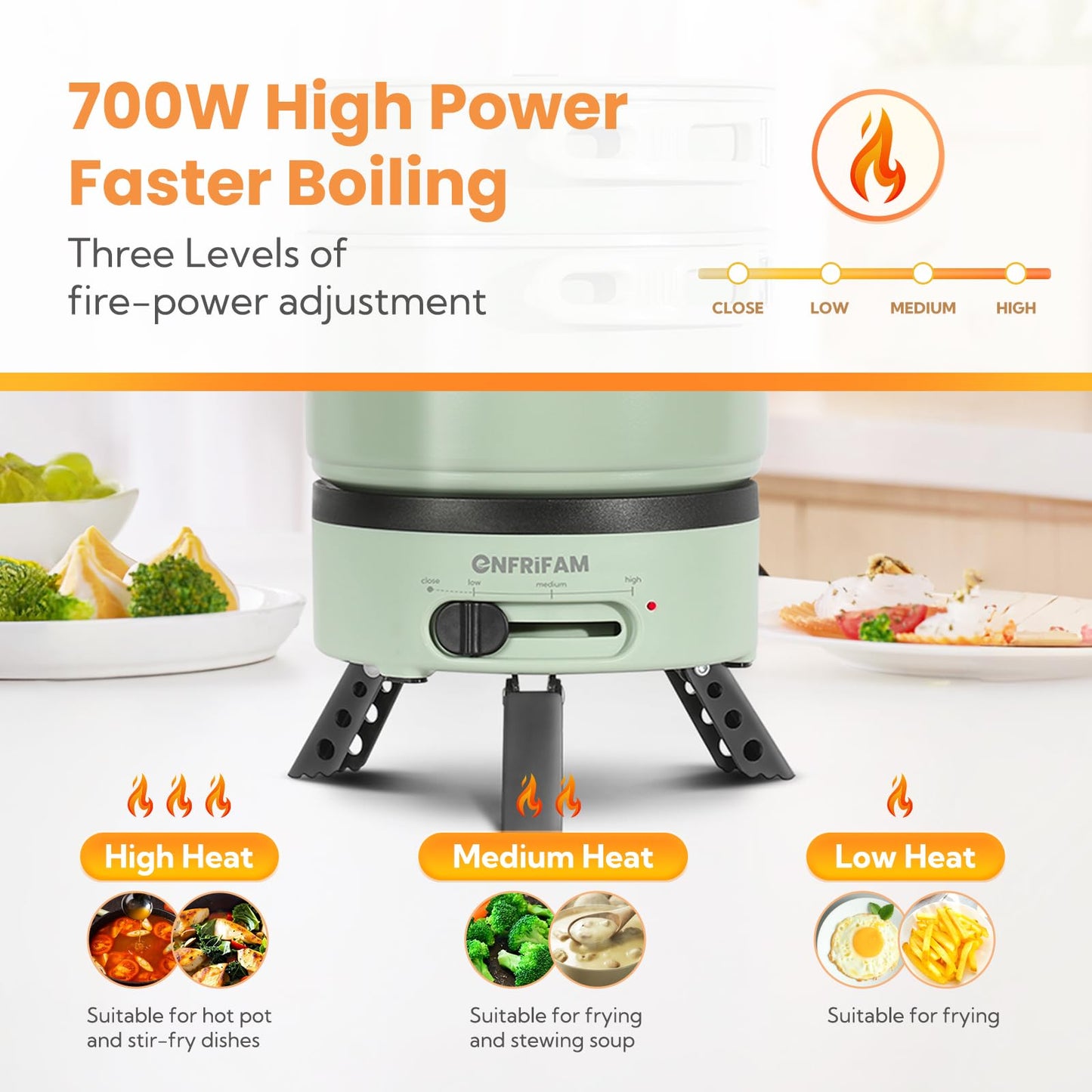 ENFRIFAM Electric Hot Pot with Foldable Handles, Portable Multi Cooker with Hotpot and Frying Pan for RV, Dorm, Office, Outdoor, Camping, 1.8L Soup Pot+0.75L Frying Pan