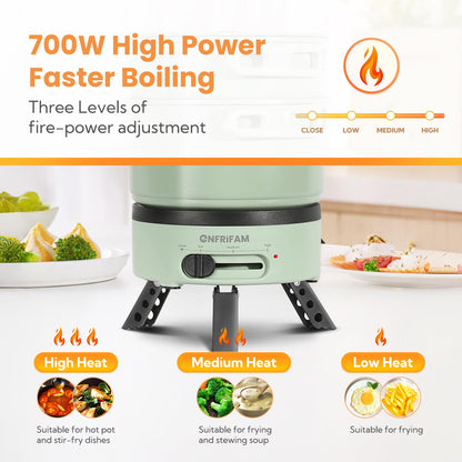 ENFRIFAM Electric Hot Pot with Foldable Handles, Portable Multi Cooker with Hotpot and Frying Pan for RV, Dorm, Office, Outdoor, Camping, 1.8L Soup Pot+0.75L Frying Pan