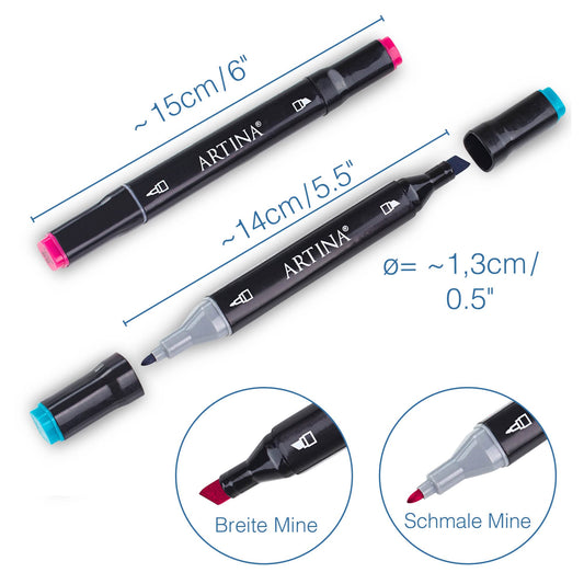 Artina 80pc Marker Set Markilo MD with 3mm & 6mm tips - waterproof permanent markers with intense & highly pigmented colors, felt tip set with 2 tips for scrapbooking, bullet journaling, manga.