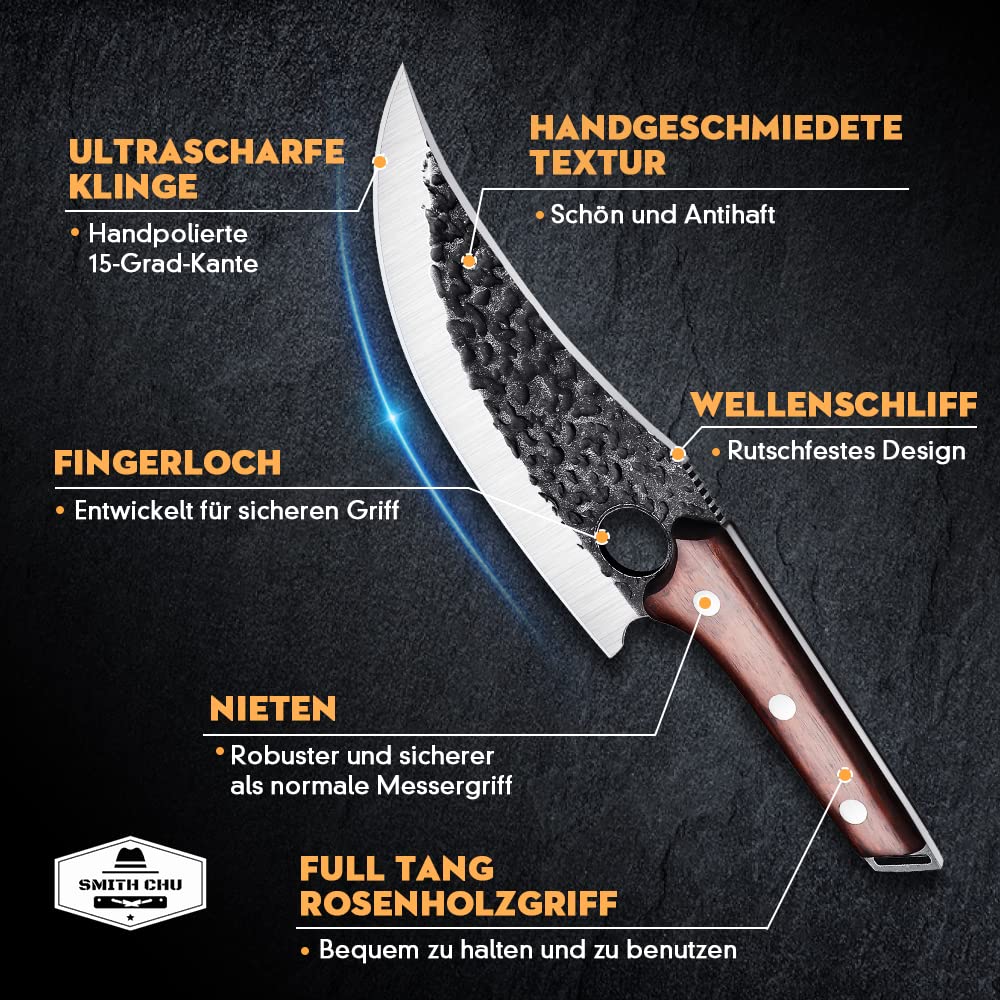 SMITH CHU hand-forged boning knife with leather sheath. Professional kitchen knife, portable camping knife, high carbon steel butcher knife. Full tang multipurpose BBQ tool for home and outdoor use.