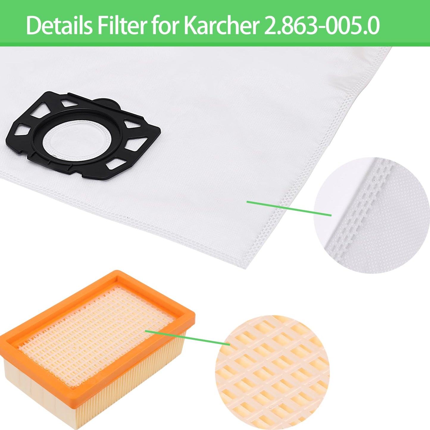 10 dust bags + 2 filters for Kärcher 2.863-006.0 KFI 487 WD4 WD5 WD6 WD5P WD6P Premium MV4 MV5 MV6 vacuum cleaner parts 2.863-005.0