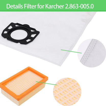 10 dust bags + 2 filters for Kärcher 2.863-006.0 KFI 487 WD4 WD5 WD6 WD5P WD6P Premium MV4 MV5 MV6 vacuum cleaner parts 2.863-005.0