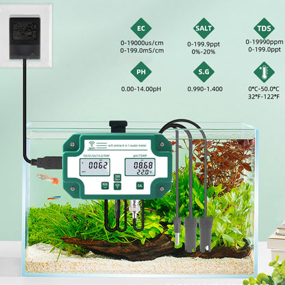 Kadimendium water quality measuring device, highly precise 6 in 1 PH TDS EC SG salt temperature tester with WiFi connection. Ideal for detecting water quality in drinking water. EU plug.